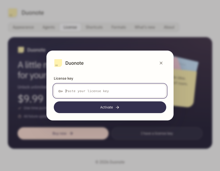 The actual Duonote activation dialog with an empty license-key field and an Activate button.