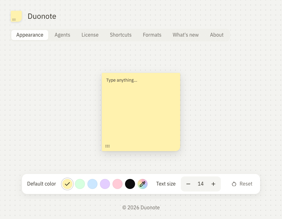 The actual Duonote Appearance settings with a note preview, default color swatches and text-size controls.