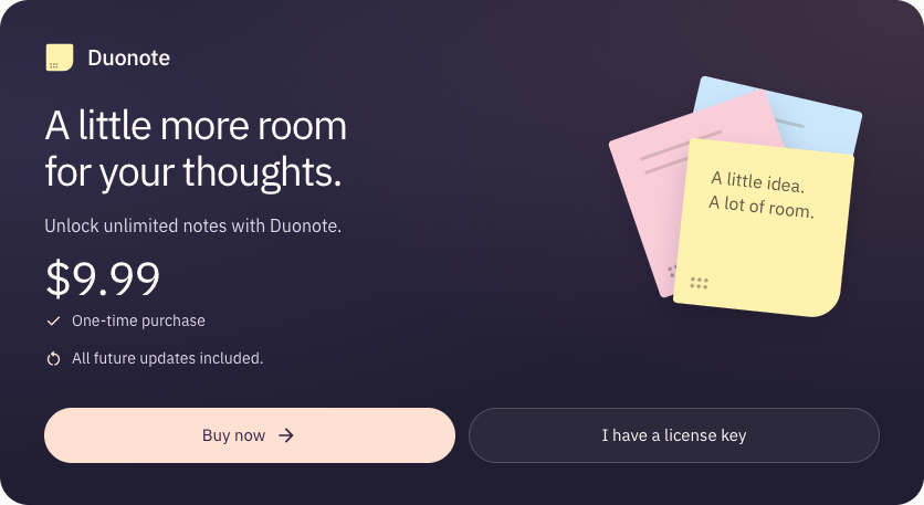 The actual Duonote License screen with one-time pricing and the I have a license key button.
