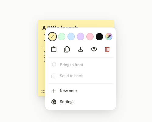 The actual Duonote note menu, with colors, copy, duplicate, download, hide, delete and arrangement controls.