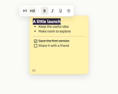 The actual Duonote formatting toolbar above selected text, with Heading 1, Heading 2, bold, italic, underline and strikethrough.
